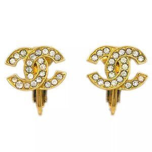 Chanel Gold CC Earrings Rhinestone Clip-On 2092 153505